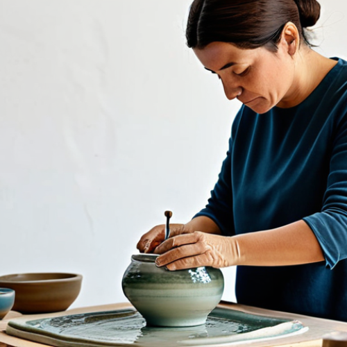 Home 15 **
A professional female artist, fully clothed in modest attire, working on a ceramic piece in a well-lit studio in Galicia, Spain. Natural pose, perfect anatomy, correct proportions. Safe for work, appropriate content, family-friendly, professional quality.
**