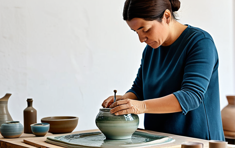 **
A professional female artist, fully clothed in modest attire, working on a ceramic piece in a well-lit studio in Galicia, Spain. Natural pose, perfect anatomy, correct proportions. Safe for work, appropriate content, family-friendly, professional quality.
**