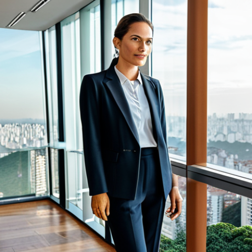 Home 14 **
A successful Brazilian architect in a modern, glass-walled office overlooking São Paulo, wearing a stylish but modest blazer and dress pants, fully clothed, safe for work, perfect anatomy, professional attire, natural lighting, appropriate content.
**