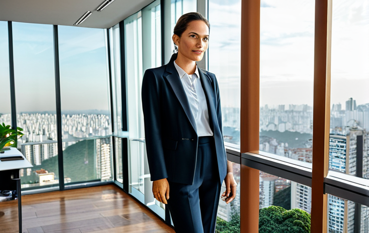 **
A successful Brazilian architect in a modern, glass-walled office overlooking São Paulo, wearing a stylish but modest blazer and dress pants, fully clothed, safe for work, perfect anatomy, professional attire, natural lighting, appropriate content.
**