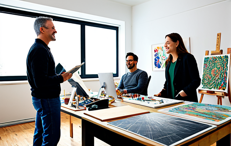 Collaborative Art Studio**
"A vibrant, well-lit art studio filled with diverse artists working on various projects. Canvases, sculptures, and digital art stations are visible. Artists are fully clothed in casual but professional attire, engaged in conversation and collaboration. The atmosphere is creative and inspiring. Perfect anatomy, correct proportions, natural pose, safe for work, appropriate content, fully clothed, professional, family-friendly, high-quality photography."
**
