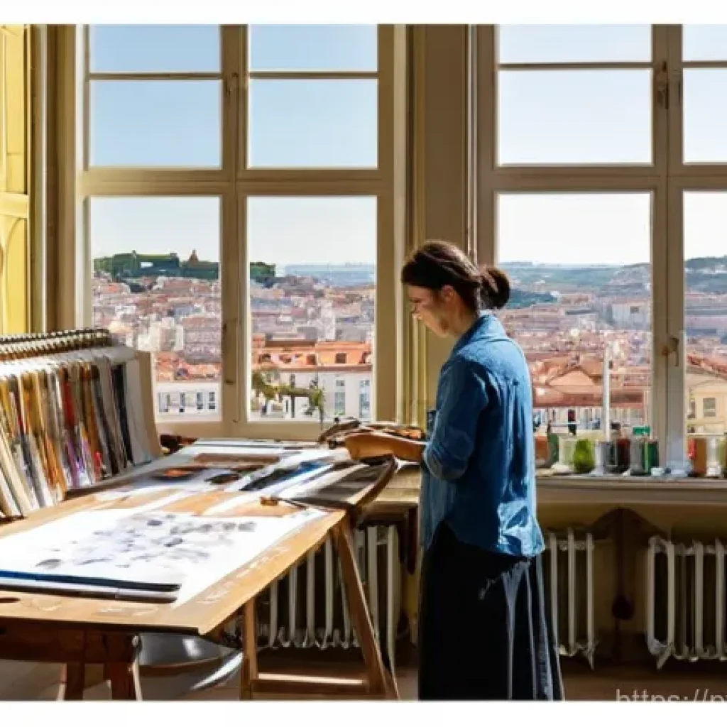 창작자 레지던시 활용을 위한 전략 세우기 - **Prompt 1: "A bustling, sunlit art studio in Lisbon. Diverse artists, male and female, of varying a...