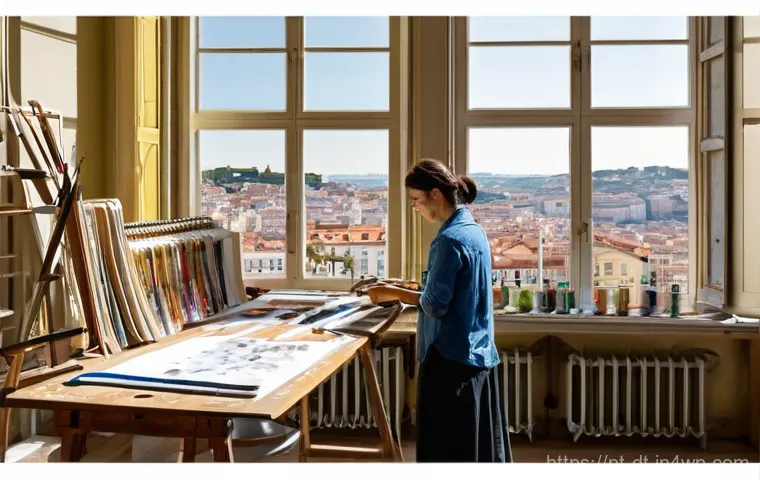 창작자 레지던시 활용을 위한 전략 세우기 - **Prompt 1: "A bustling, sunlit art studio in Lisbon. Diverse artists, male and female, of varying a...