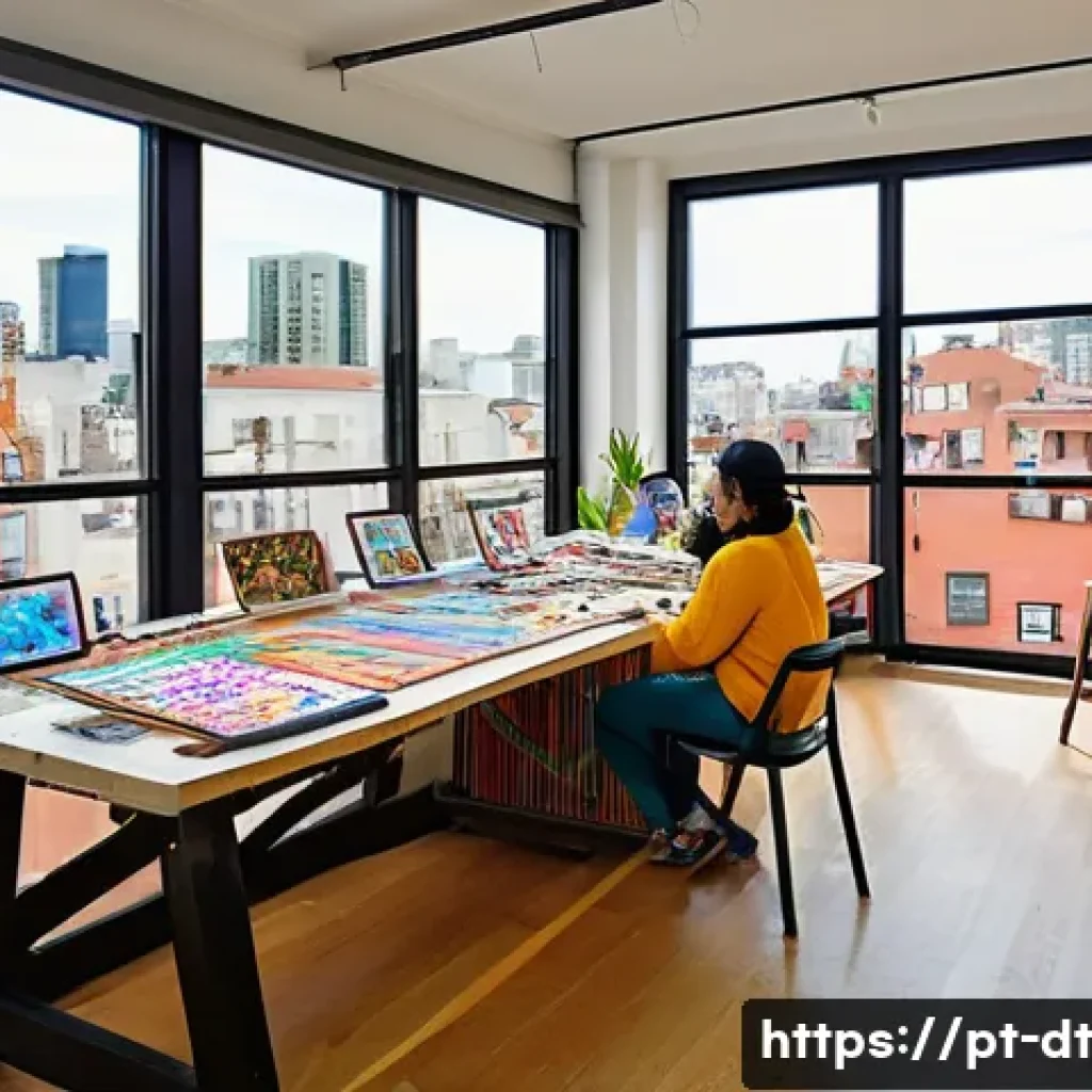 창작자 레지던시와 창작자의 역할 - A vibrant urban artist residency studio bustling with diverse artists collaborating intensely. The s...