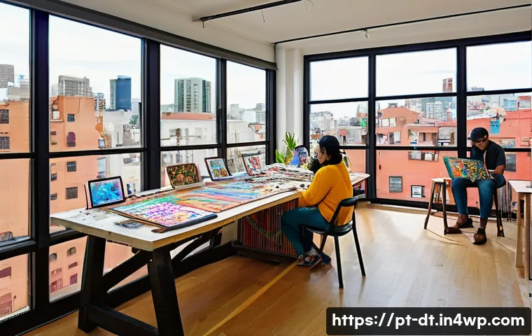 창작자 레지던시와 창작자의 역할 - A vibrant urban artist residency studio bustling with diverse artists collaborating intensely. The s...