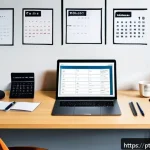 Home 23 창작자 레지던시 신청 마감일 체크리스트 - A professional workspace scene showing a creative artist meticulously organizing essential documents...