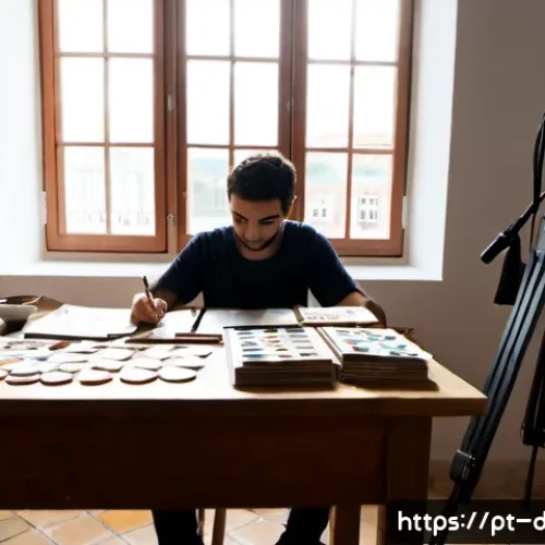 Home 17 창작자 레지던시 지원의 장단점 - Photorealistic documentary-style scene in a sunlit Lisbon artist residency studio, a diverse young P...