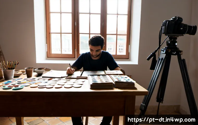 창작자 레지던시 지원의 장단점 - Photorealistic documentary-style scene in a sunlit Lisbon artist residency studio, a diverse young P...