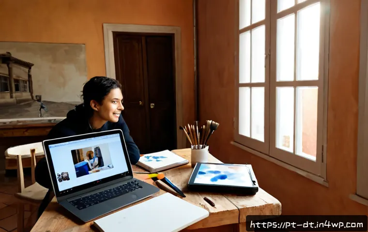 Home 17 창작자 레지던시 경험담 공유 - Photorealistic documentary-style scene of a Portuguese-speaking visual artist in a sunlit Lisbon res...